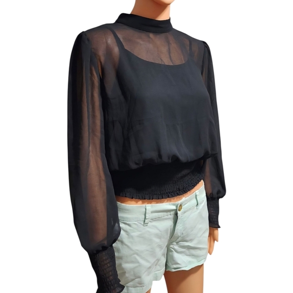 Lily White – Black Sheer Blouse with Back Tie (Size L). - Picture 8 of 12